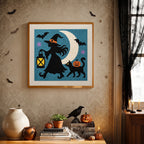Finished Witch and Lantern punch needle canvas on a wall