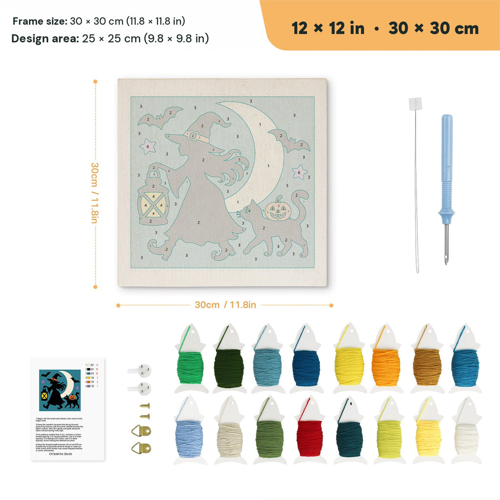 Witch and Lantern punch needle kit, 12 × 12 in (30 × 30 cm): canvas size and kit contents