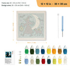 Witch and Lantern punch needle kit, 12 × 12 in (30 × 30 cm): canvas size and kit contents