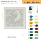 Witch and Lantern punch needle kit, 20 × 20 in (50 × 50 cm): canvas size and kit contents