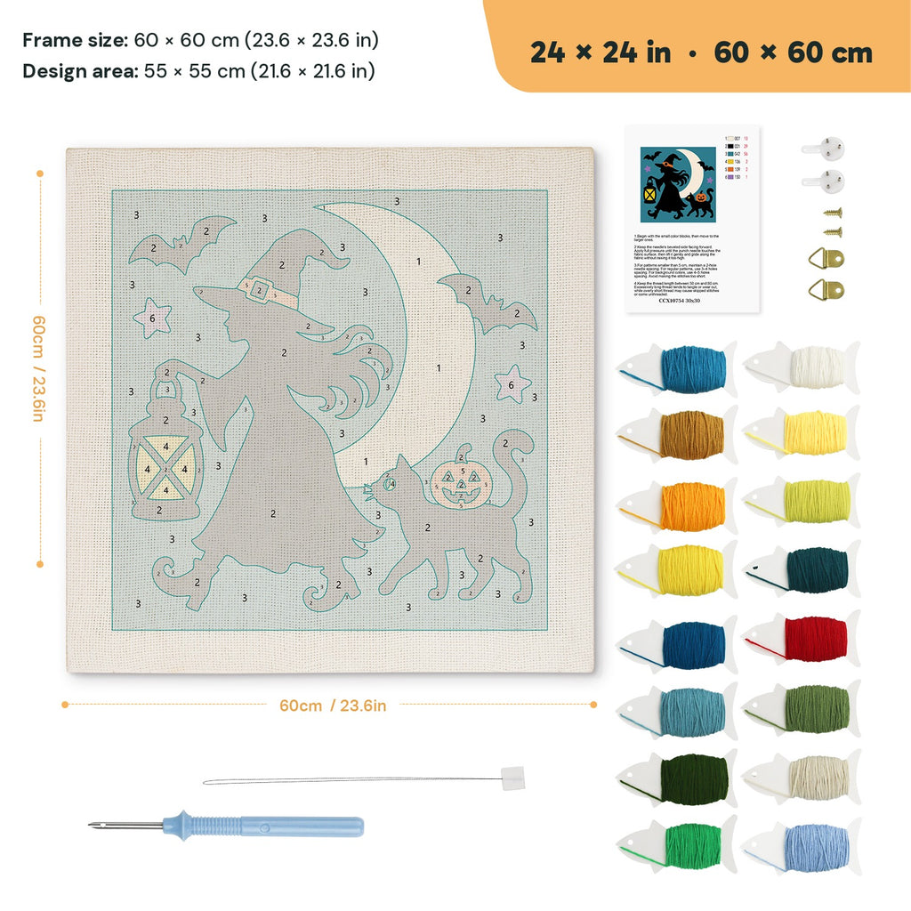 Witch and Lantern punch needle kit, 24 × 24 in (60 × 60 cm): canvas size and kit contents