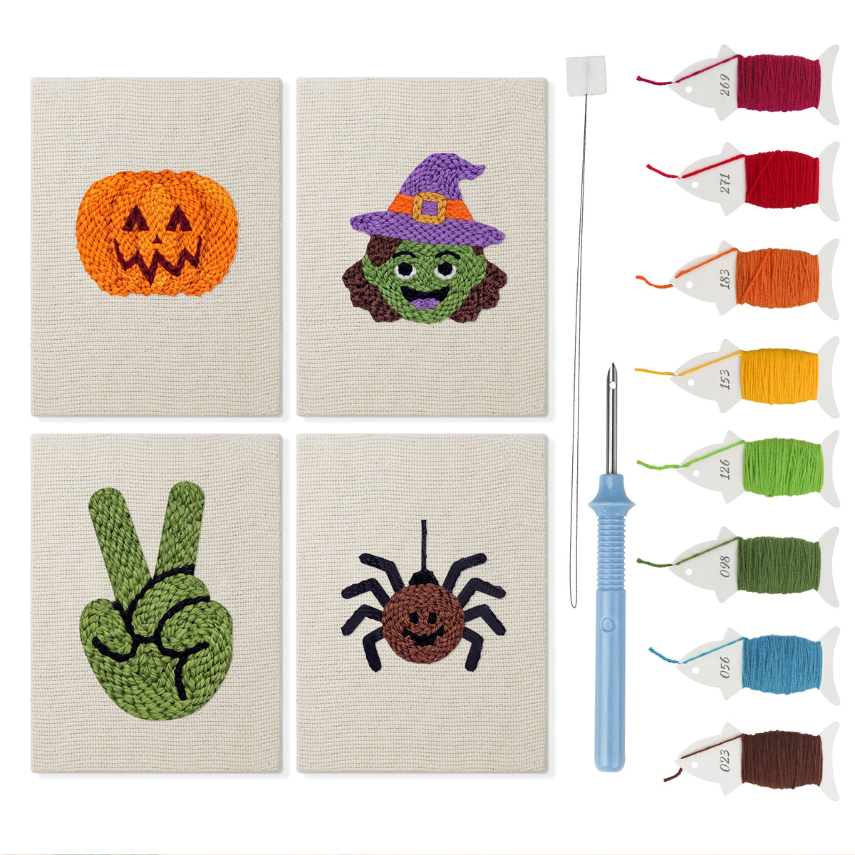 Witch and Spider mini punch needle kit set: four finished canvases with threads, punch needle and threader