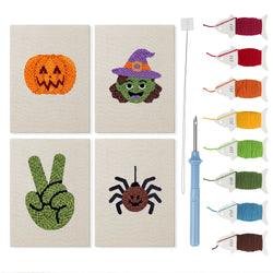 Witch and Spider mini punch needle kit set: four finished canvases with threads, punch needle and threader