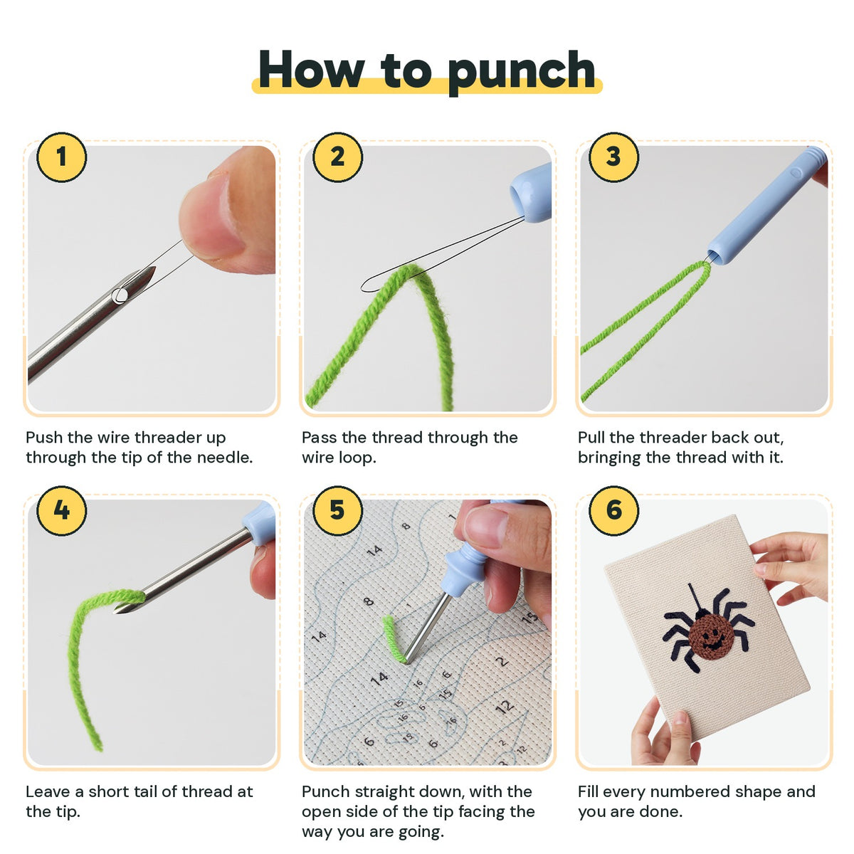 Six steps showing how to thread and use the punch needle