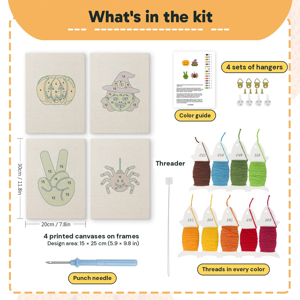 What is in the Witch and Spider set, 8 × 12 in (20 × 30 cm) each: 4 printed canvases, punch needle, threader, threads, color guide and 4 sets of hangers