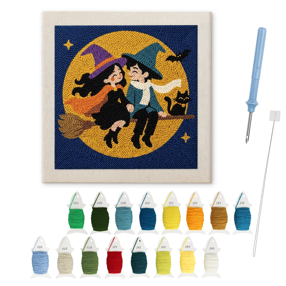 Witch and Wizard Date punch needle kit: finished canvas with threads, punch needle and threader