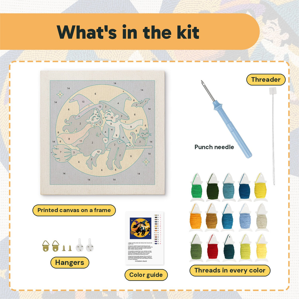 What is in the Witch and Wizard Date kit: printed canvas, punch needle, threader, threads, color guide and hangers