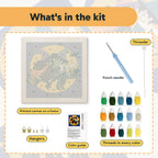 What is in the Witch and Wizard Date kit: printed canvas, punch needle, threader, threads, color guide and hangers