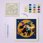 Witch and Wizard Date canvas before and after punching, with the threads and tools