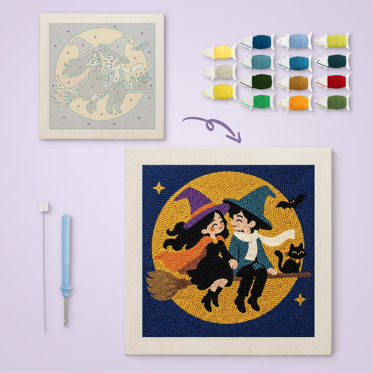 Witch and Wizard Date canvas before and after punching, with the threads and tools