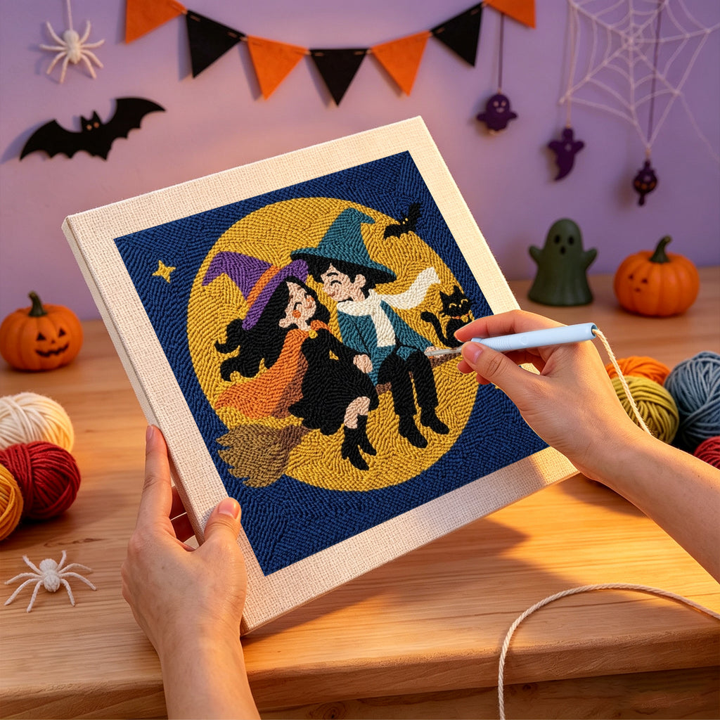 Punching the Witch and Wizard Date design with the punch needle