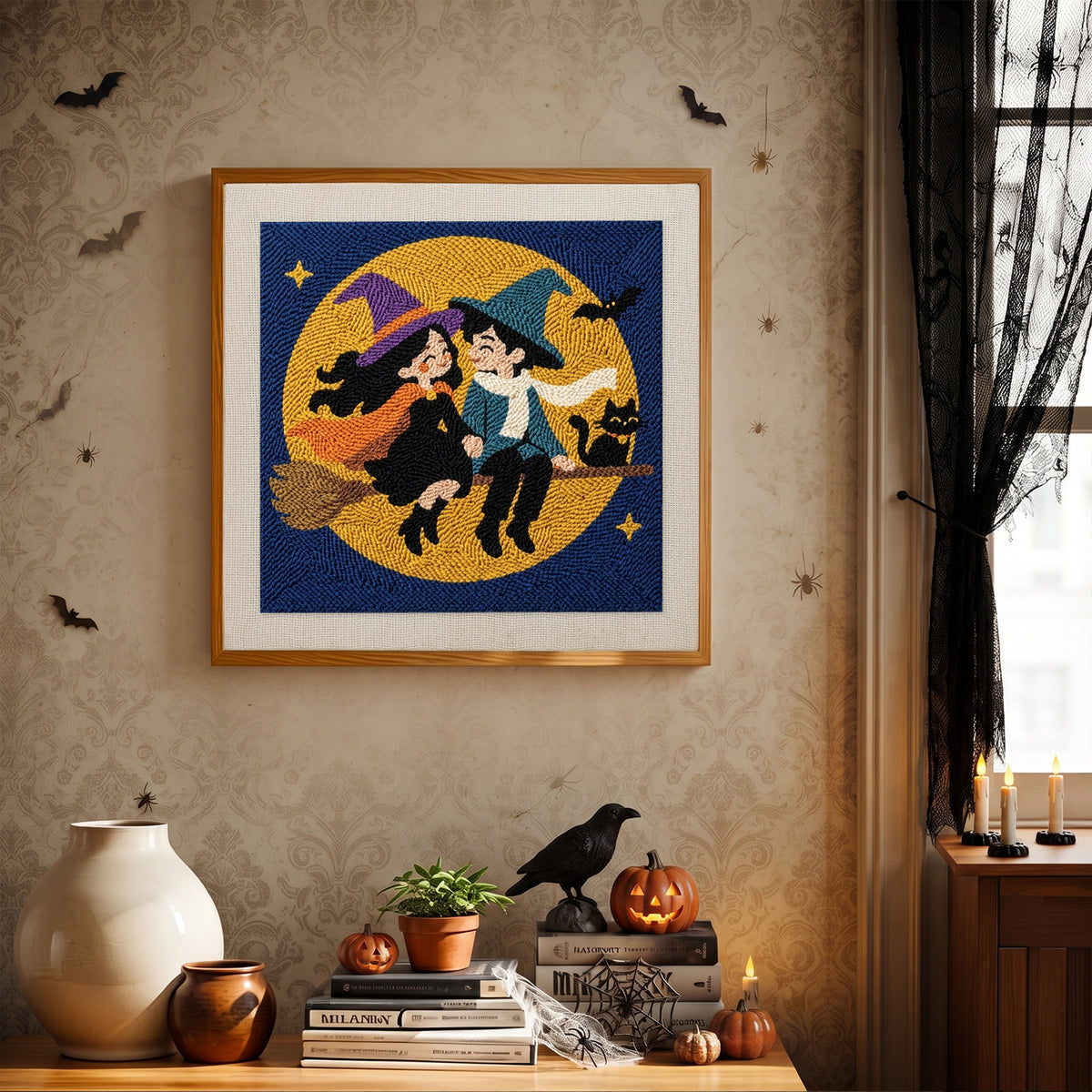 Finished Witch and Wizard Date punch needle canvas on a wall