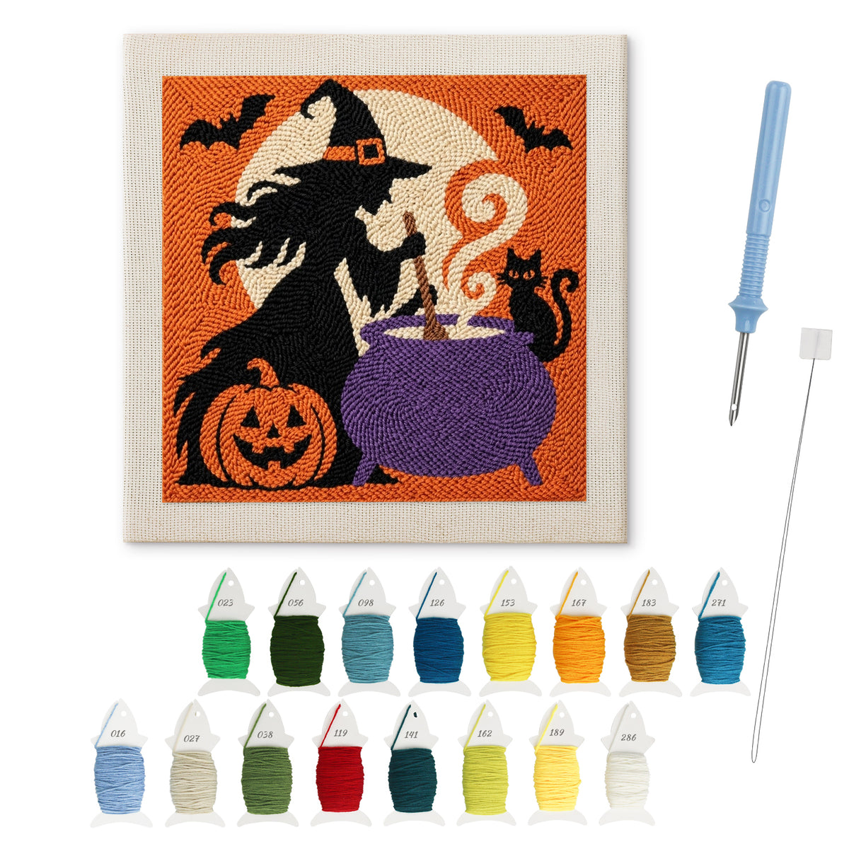 Witch at the Cauldron punch needle kit: finished canvas with threads, punch needle and threader