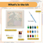 What is in the Witch at the Cauldron kit: printed canvas, punch needle, threader, threads, color guide and hangers