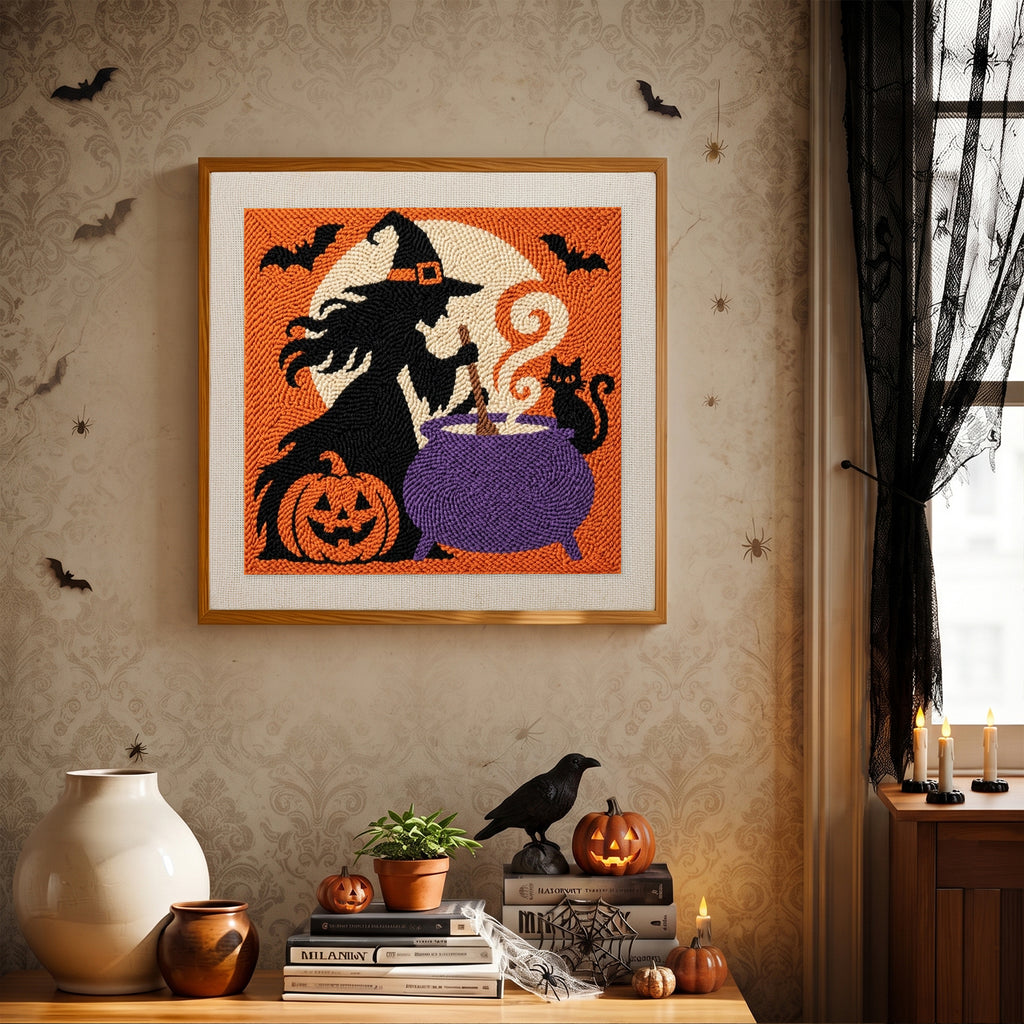 Finished Witch at the Cauldron punch needle canvas on a wall