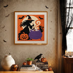 Finished Witch at the Cauldron punch needle canvas on a wall
