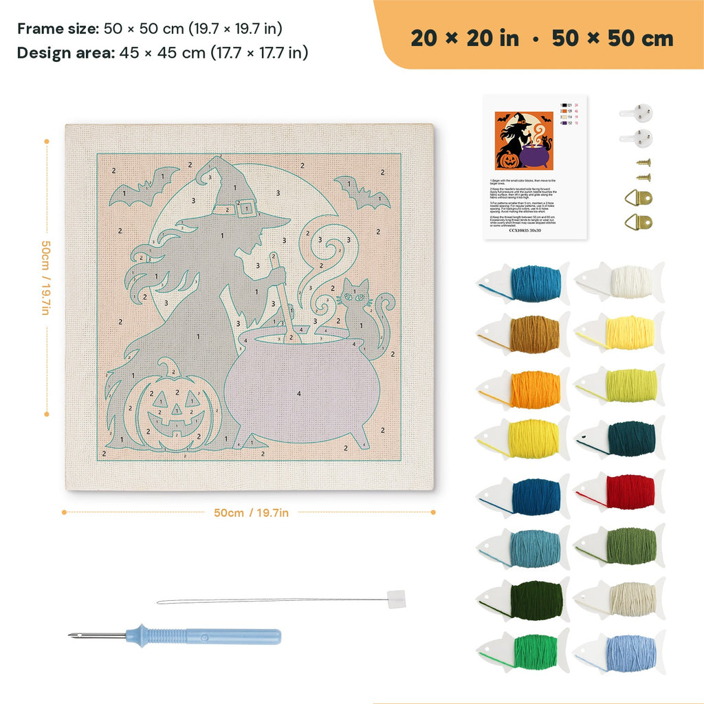 Witch at the Cauldron punch needle kit, 20 × 20 in (50 × 50 cm): canvas size and kit contents