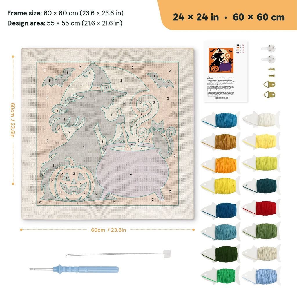 Witch at the Cauldron punch needle kit, 24 × 24 in (60 × 60 cm): canvas size and kit contents