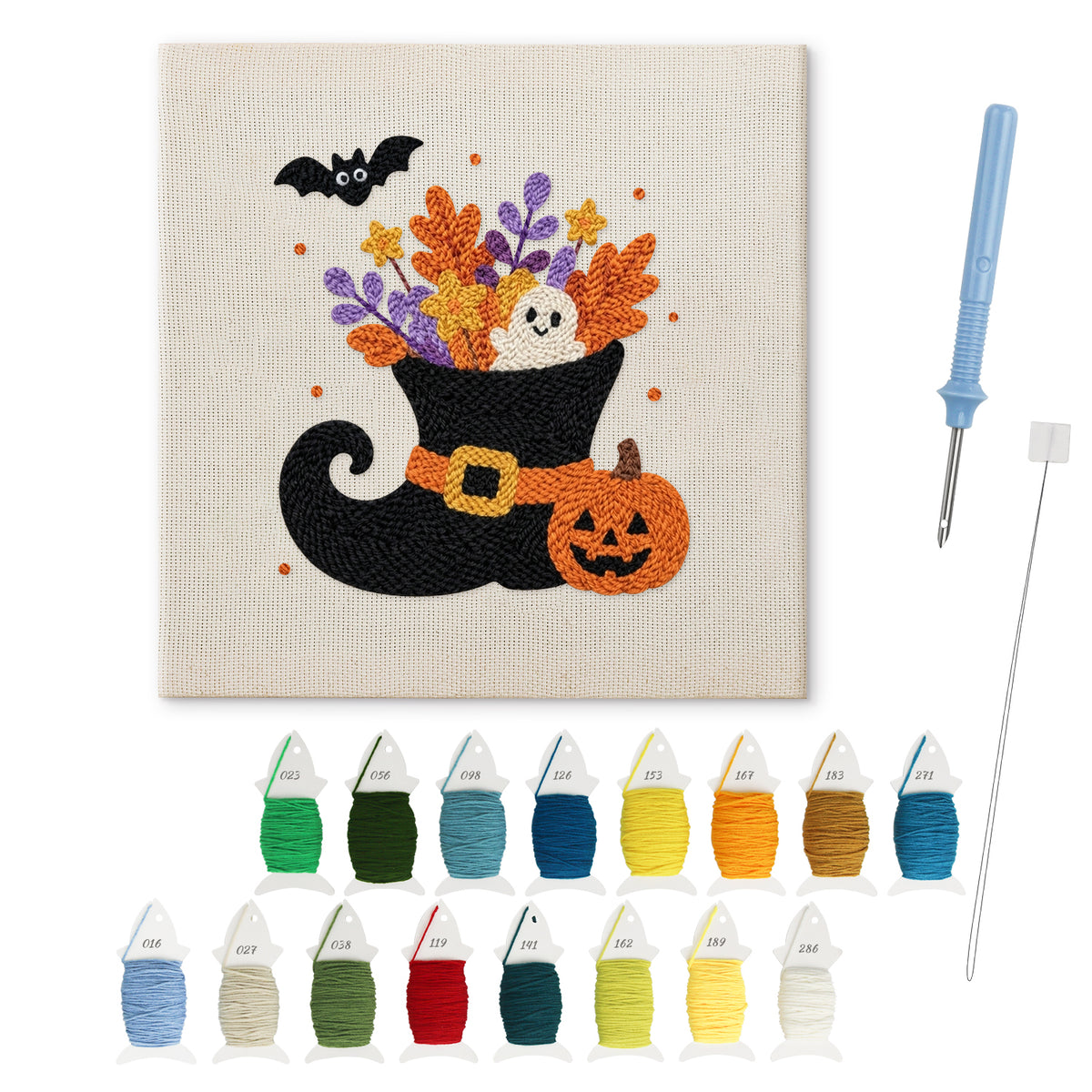 Witch Boot Bouquet punch needle kit: finished canvas with threads, punch needle and threader