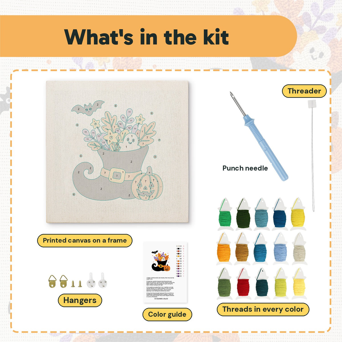What is in the Witch Boot Bouquet kit: printed canvas, punch needle, threader, threads, color guide and hangers