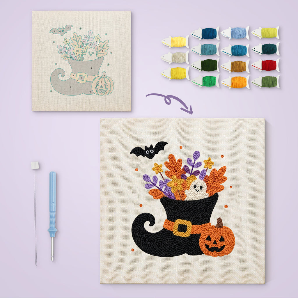 Witch Boot Bouquet canvas before and after punching, with the threads and tools