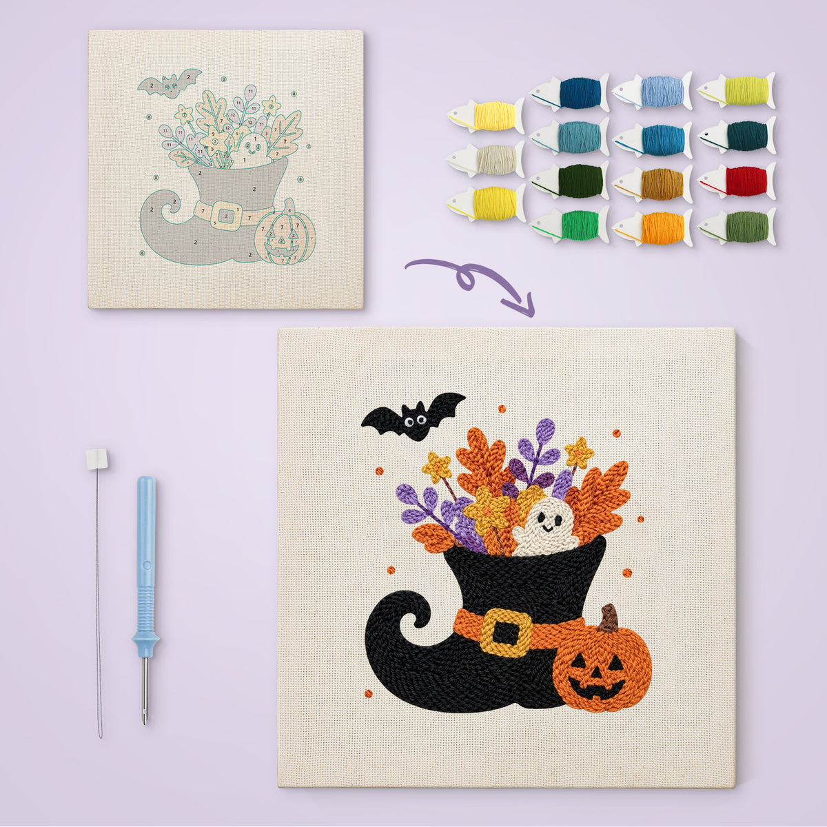Witch Boot Bouquet canvas before and after punching, with the threads and tools
