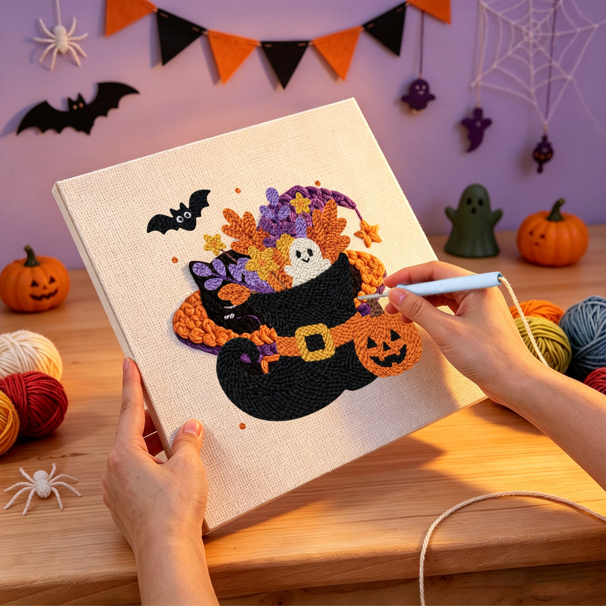 Punching the Witch Boot Bouquet design with the punch needle