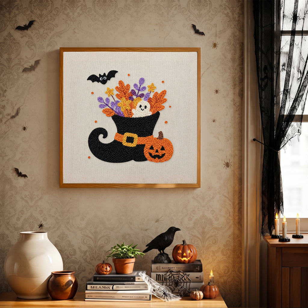 Finished Witch Boot Bouquet punch needle canvas on a wall