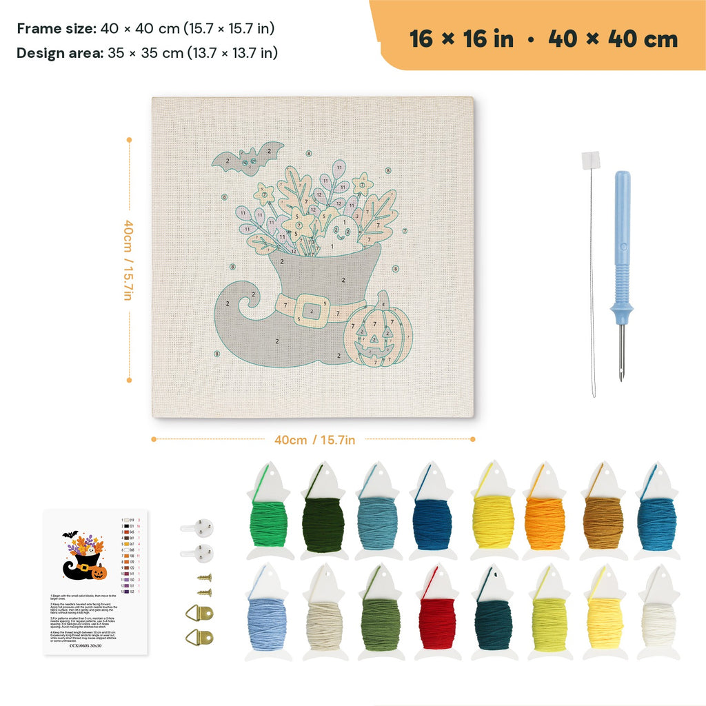 Witch Boot Bouquet punch needle kit, 16 × 16 in (40 × 40 cm): canvas size and kit contents