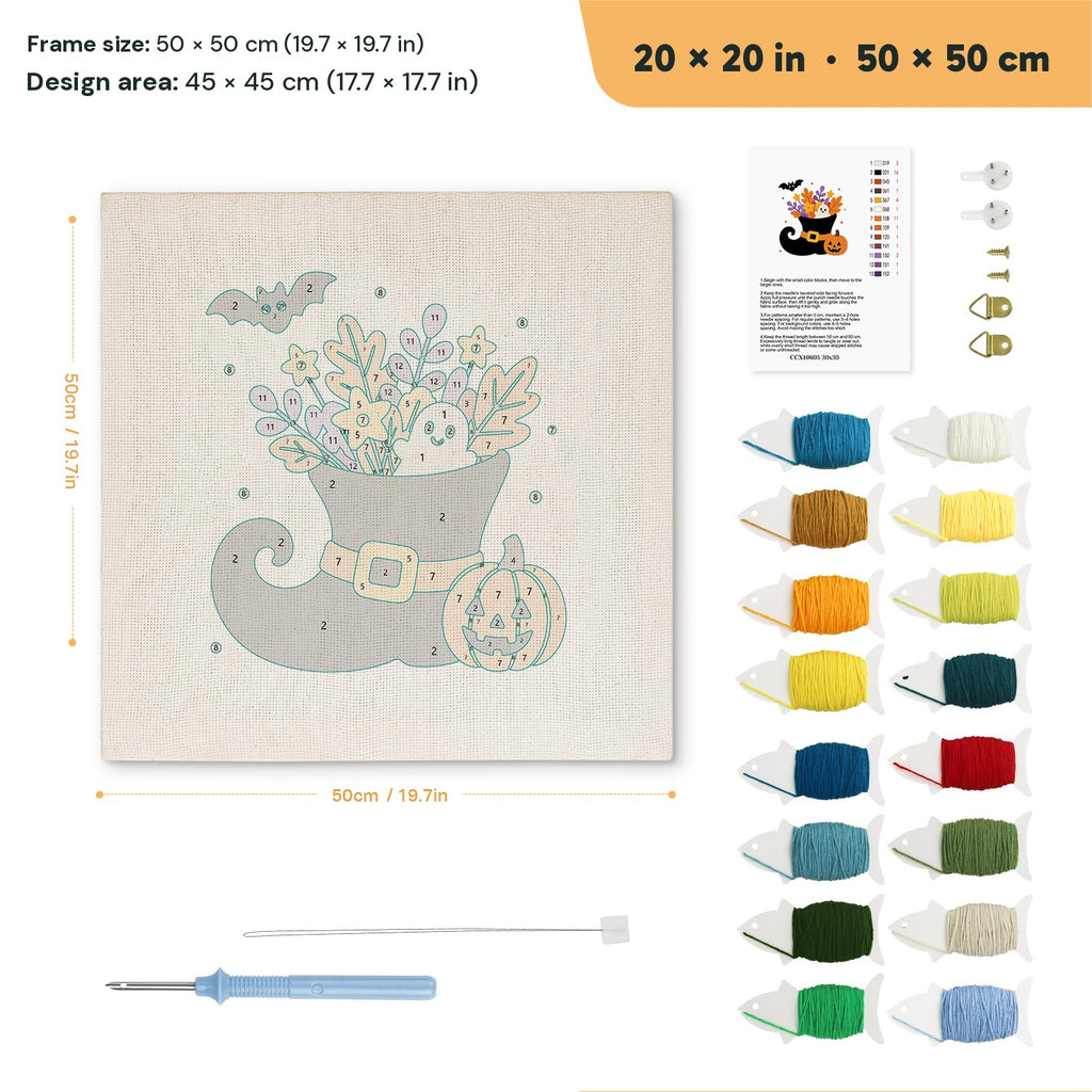 Witch Boot Bouquet punch needle kit, 20 × 20 in (50 × 50 cm): canvas size and kit contents