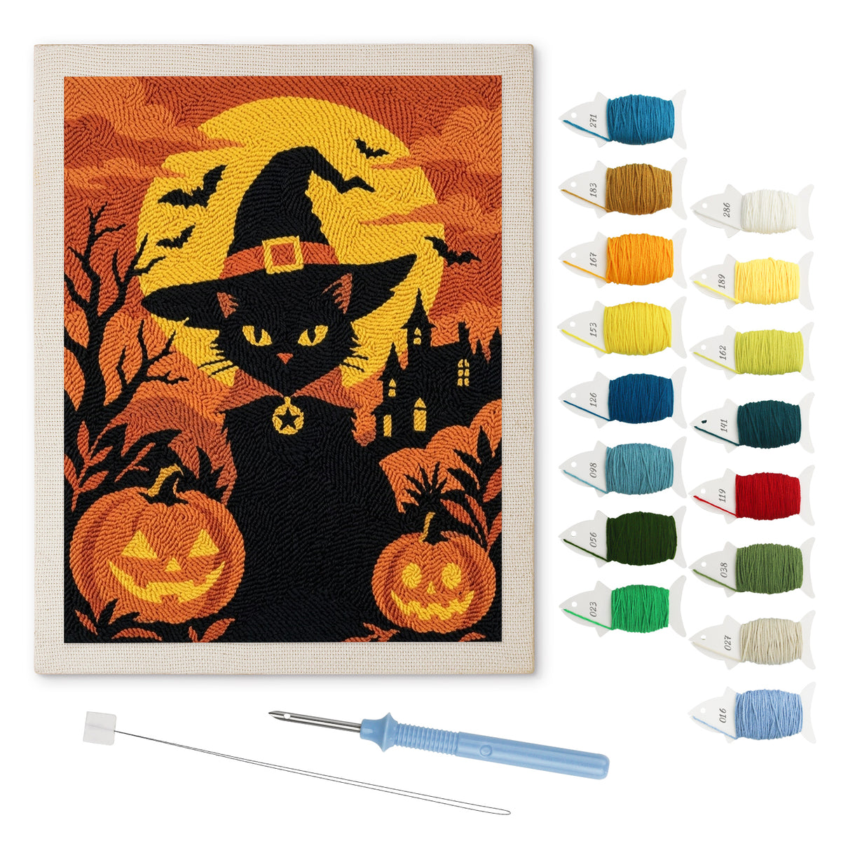 Witch Cat at Sunset punch needle kit: finished canvas with threads, punch needle and threader