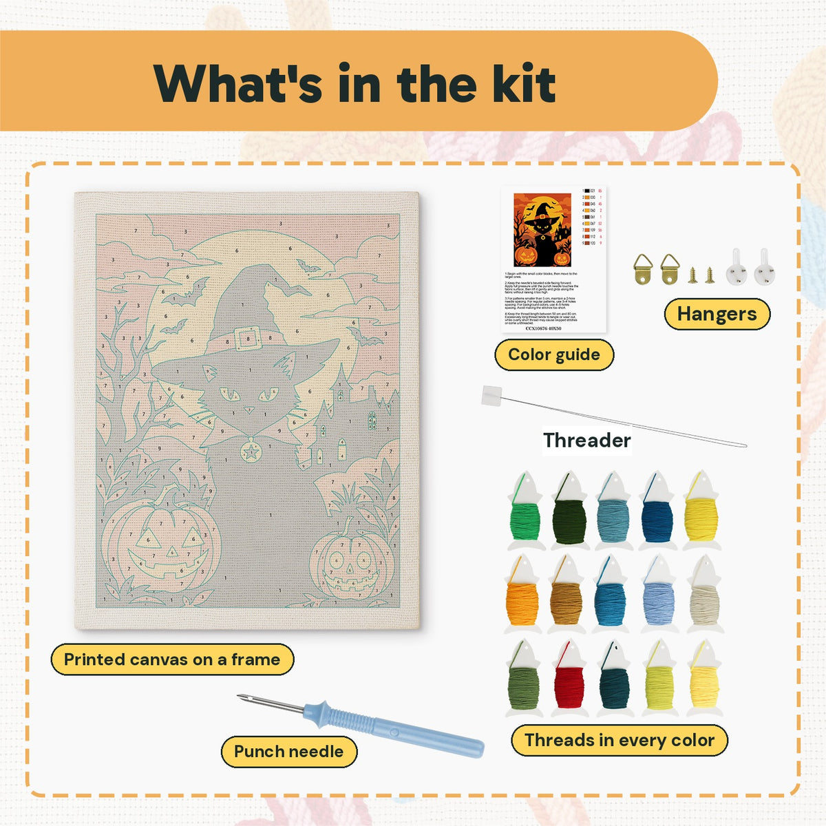 What is in the Witch Cat at Sunset kit: printed canvas, punch needle, threader, threads, color guide and hangers