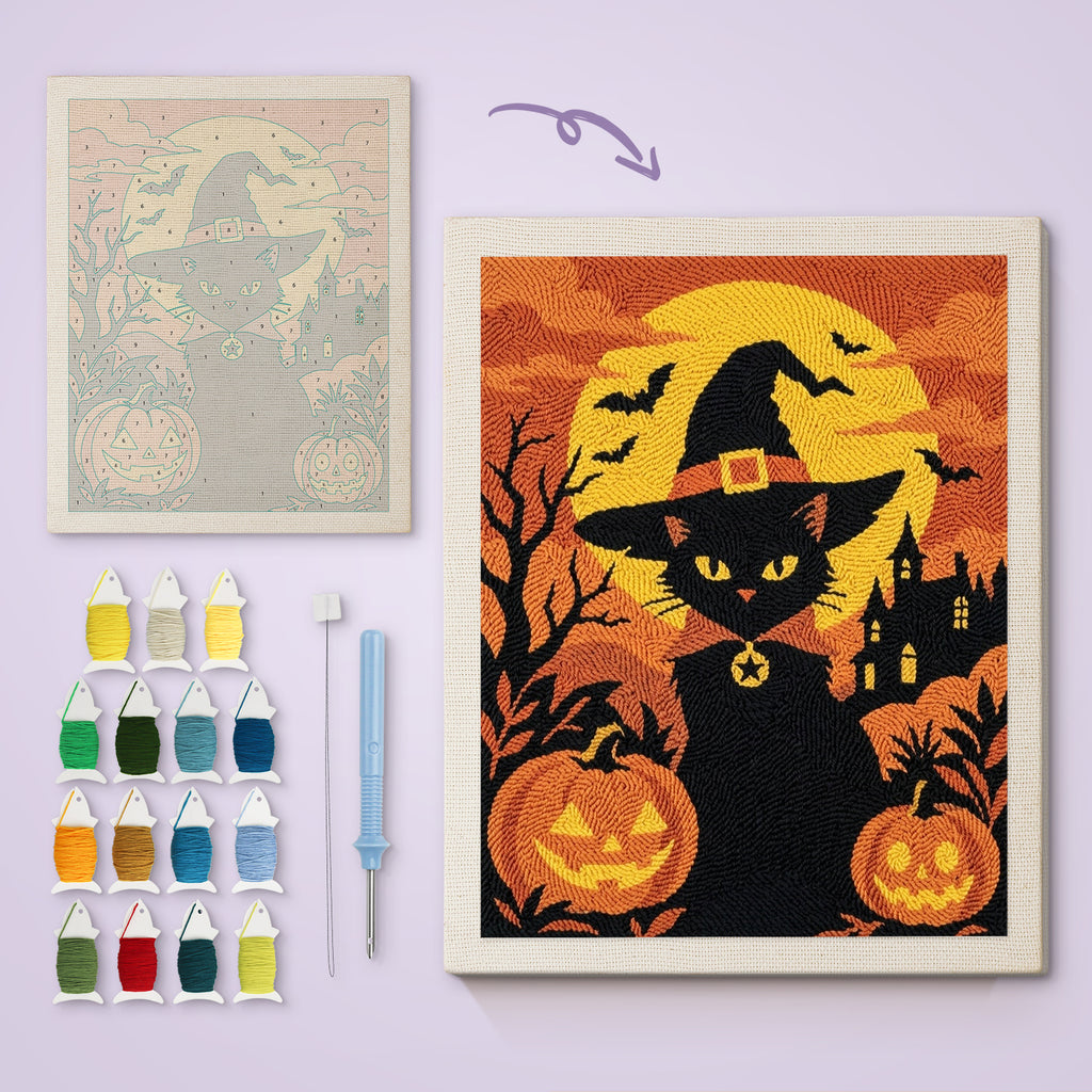 Witch Cat at Sunset canvas before and after punching, with the threads and tools