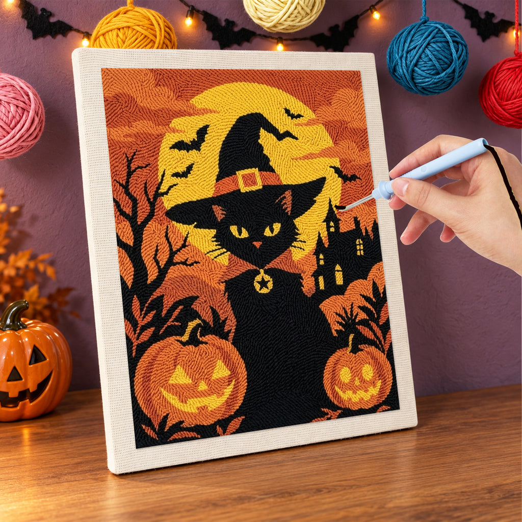Punching the Witch Cat at Sunset design with the punch needle