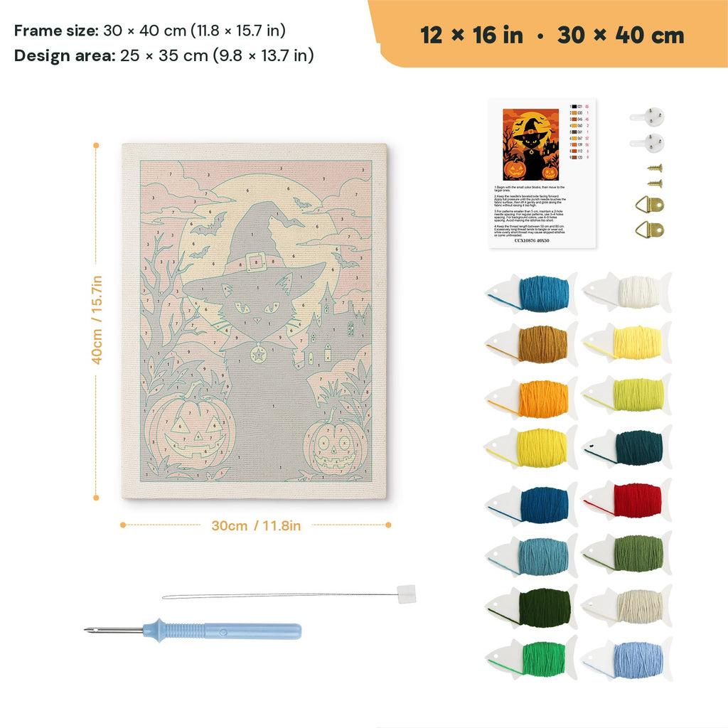 Witch Cat at Sunset punch needle kit, 12 × 16 in (30 × 40 cm): canvas size and kit contents