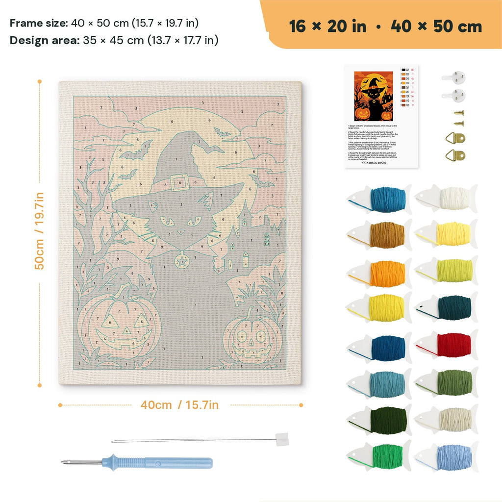 Witch Cat at Sunset punch needle kit, 16 × 20 in (40 × 50 cm): canvas size and kit contents