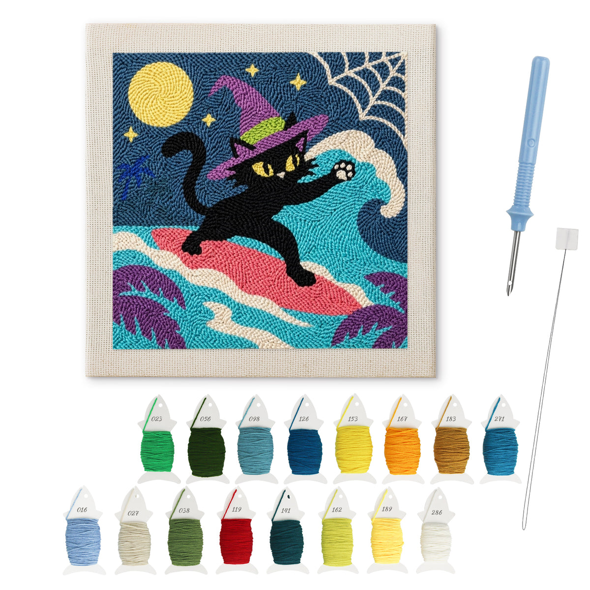 Witch Cat on a Wave punch needle kit: finished canvas with threads, punch needle and threader
