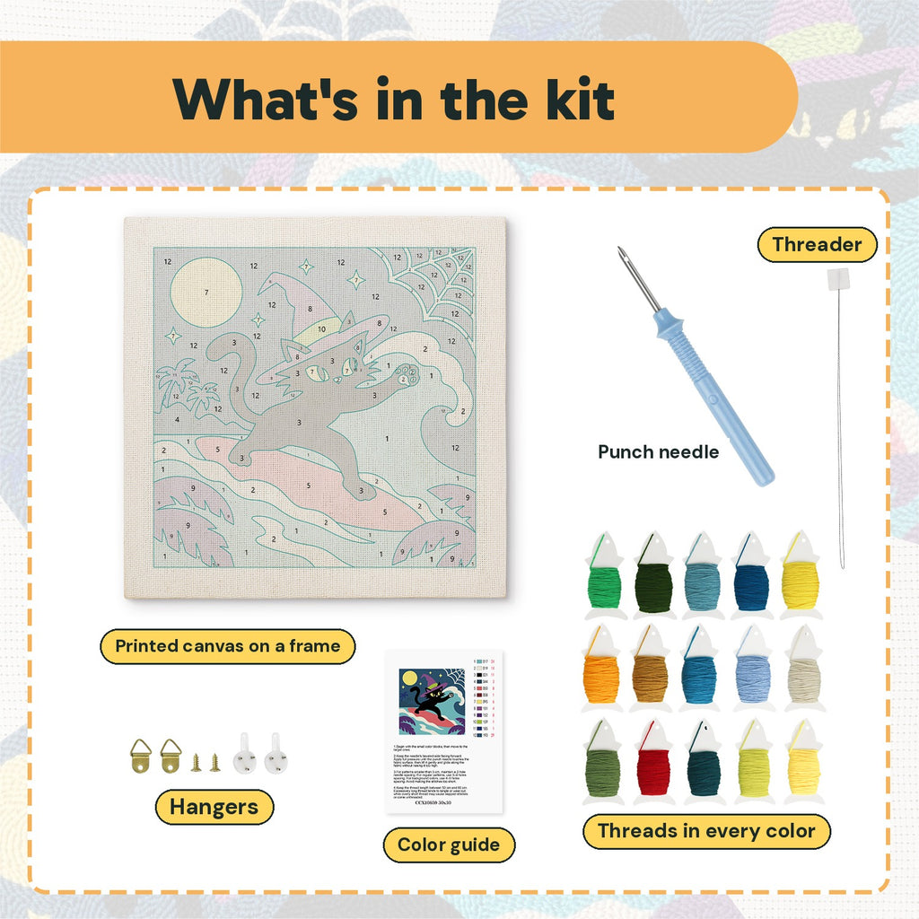 What is in the Witch Cat on a Wave kit: printed canvas, punch needle, threader, threads, color guide and hangers