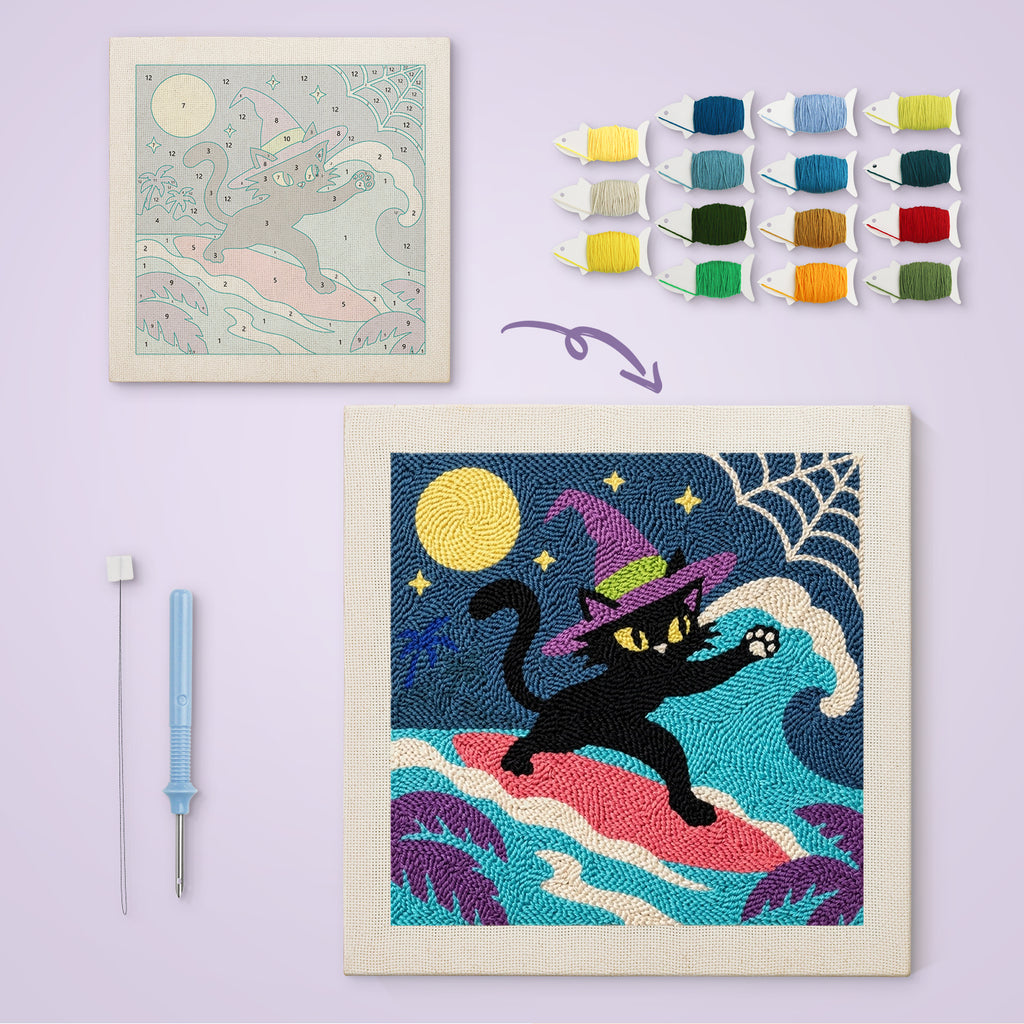 Witch Cat on a Wave canvas before and after punching, with the threads and tools
