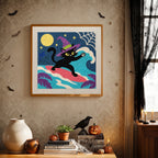 Finished Witch Cat on a Wave punch needle canvas on a wall