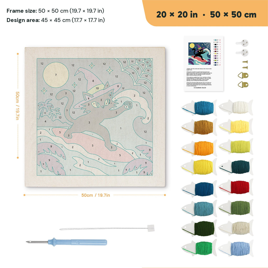 Witch Cat on a Wave punch needle kit, 20 × 20 in (50 × 50 cm): canvas size and kit contents