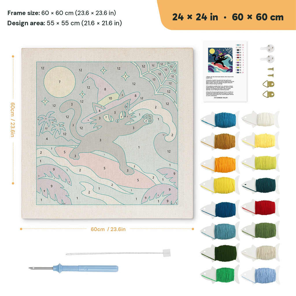 Witch Cat on a Wave punch needle kit, 24 × 24 in (60 × 60 cm): canvas size and kit contents
