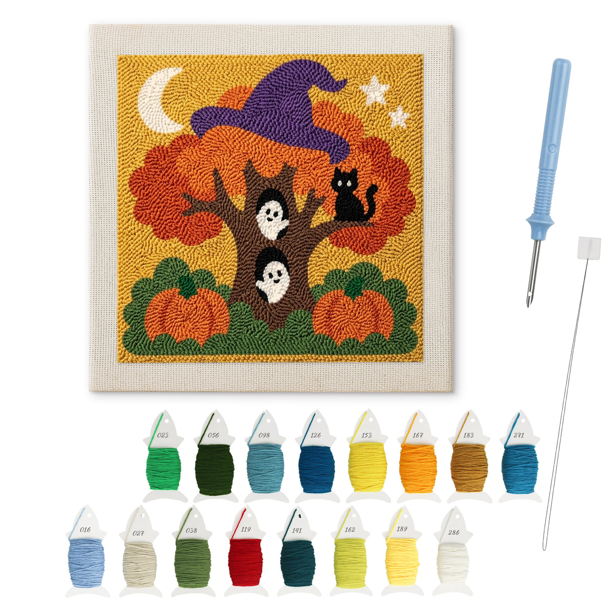 Witch Hat Autumn Tree punch needle kit: finished canvas with threads, punch needle and threader