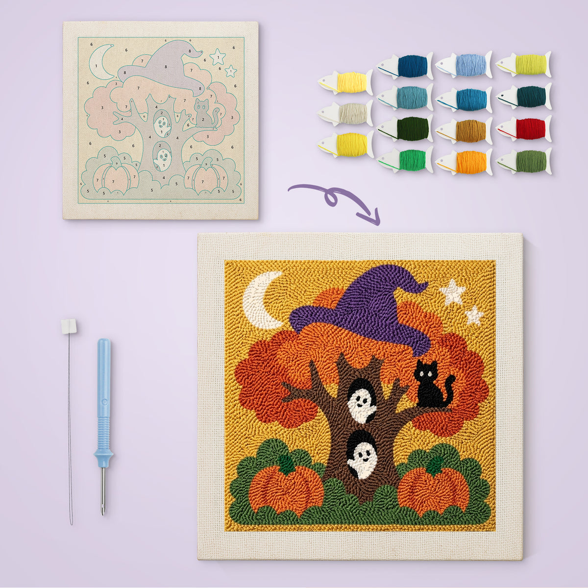 Witch Hat Autumn Tree canvas before and after punching, with the threads and tools