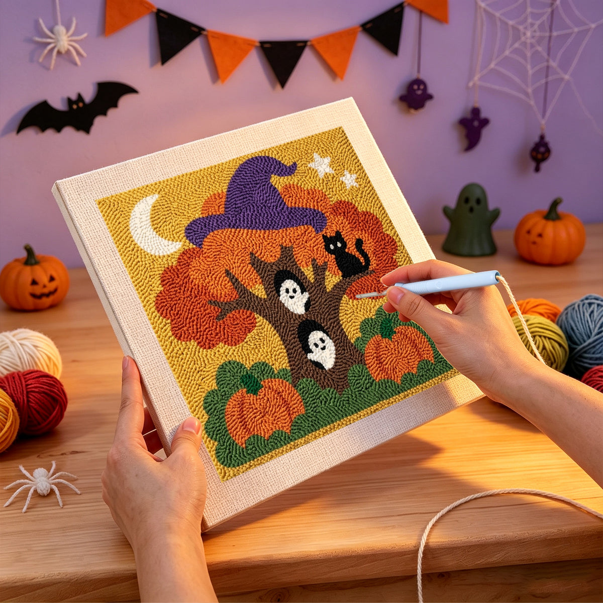 Punching the Witch Hat Autumn Tree design with the punch needle
