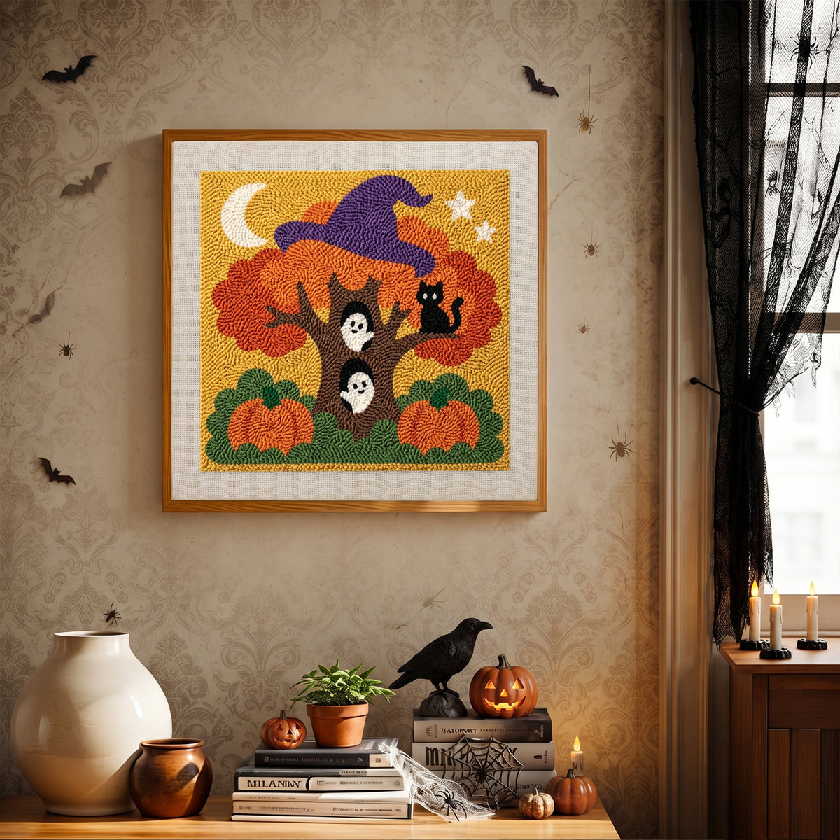 Finished Witch Hat Autumn Tree punch needle canvas on a wall