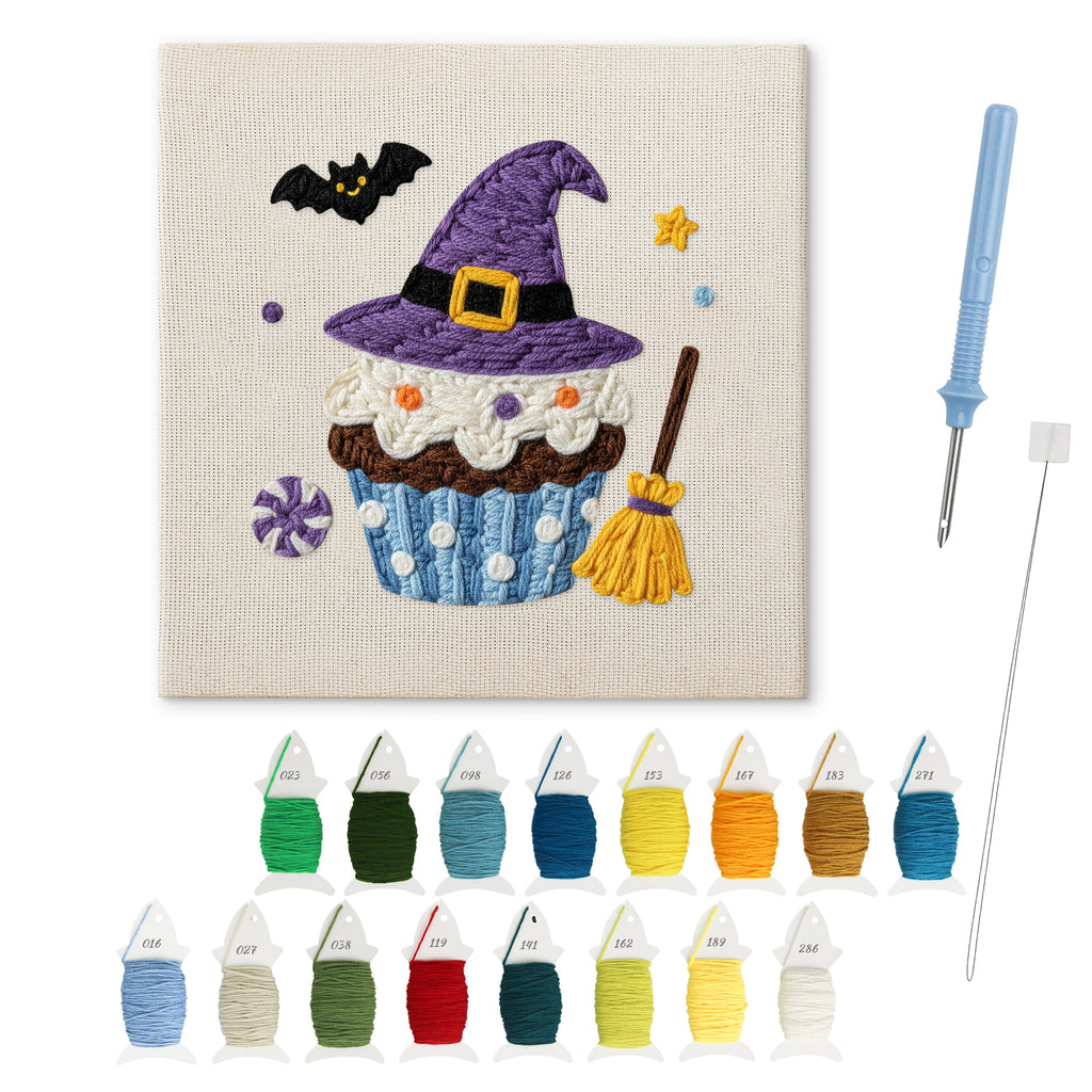 Witch Hat Cupcake punch needle kit: finished canvas with threads, punch needle and threader