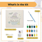 What is in the Witch Hat Cupcake kit: printed canvas, punch needle, threader, threads, color guide and hangers