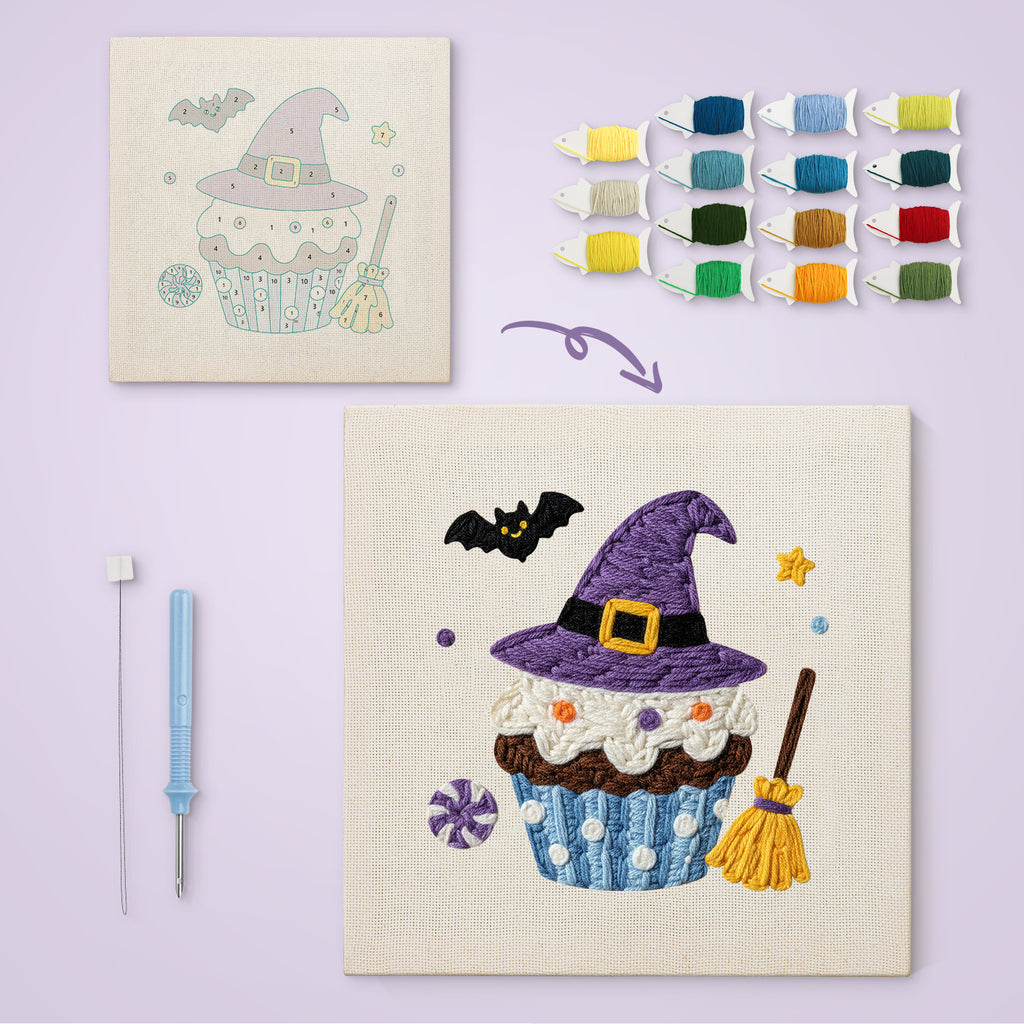 Witch Hat Cupcake canvas before and after punching, with the threads and tools