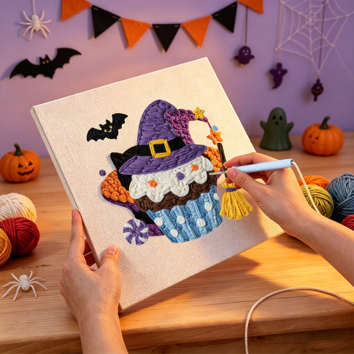 Punching the Witch Hat Cupcake design with the punch needle